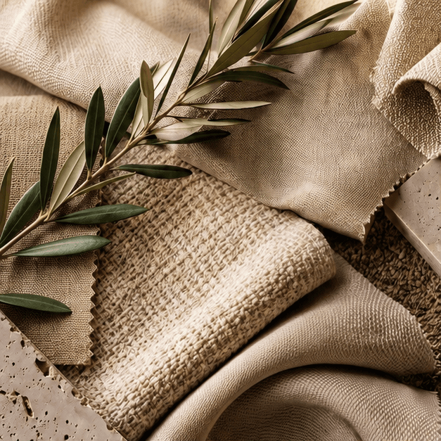 Layered neutral Italian textiles in cream and taupe beside an olive branch.