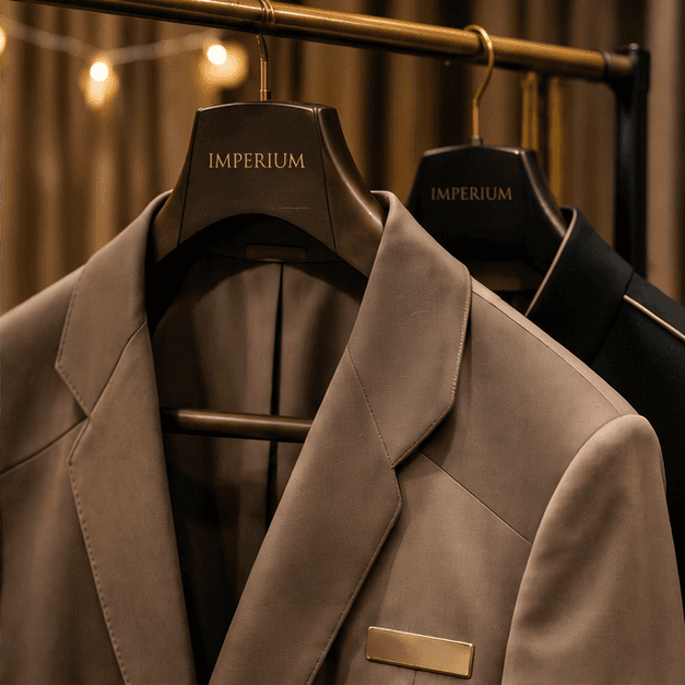 Tailored taupe and black jackets with gold piping on Imperium-branded wooden hangers.