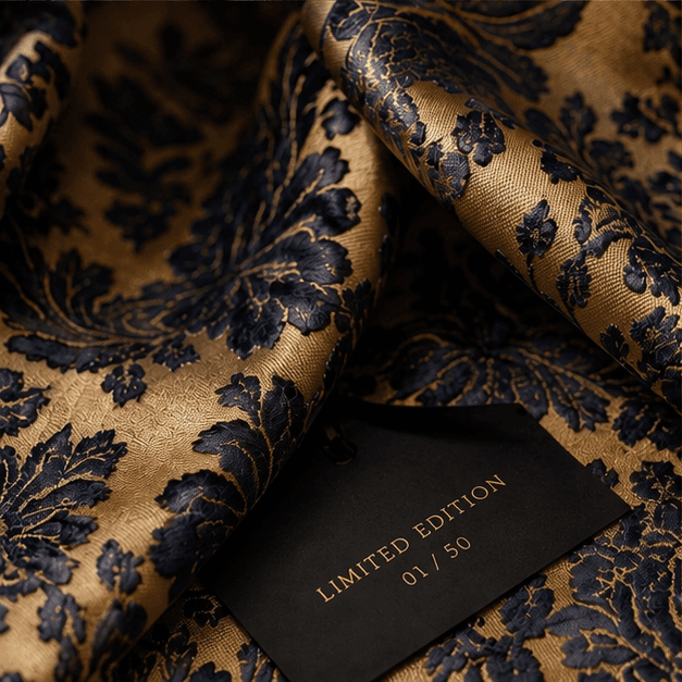 Gold and midnight-blue floral brocade with a Limited Edition 01 of 50 card.