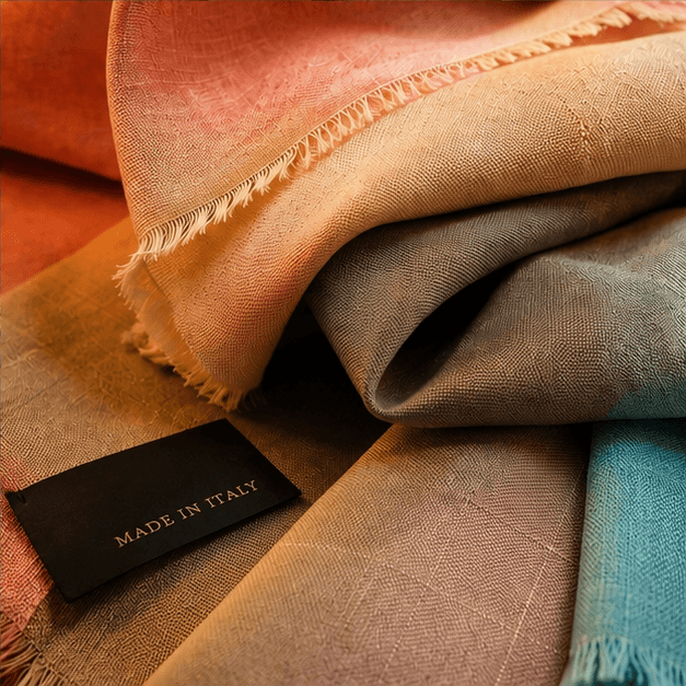 Draped Italian jacquard in warm rose and gold, with a fringed selvedge and a black Made in Italy label.